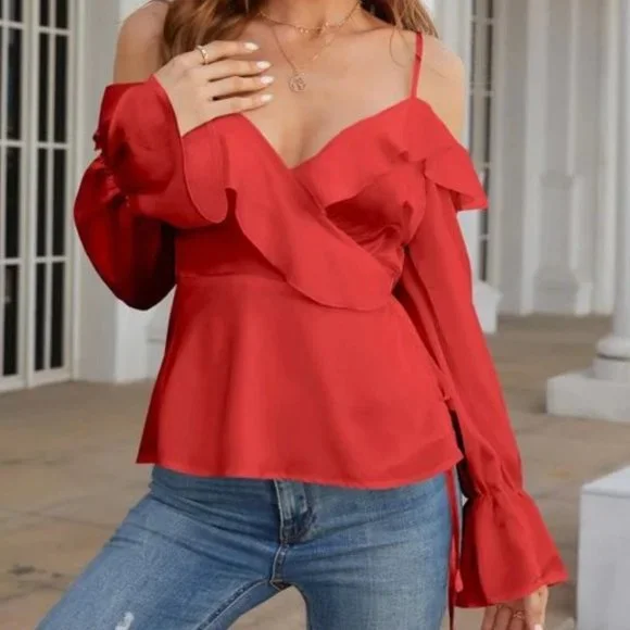 Classy contemporary red cold shoulder Blouse top - Picture 3 of 5